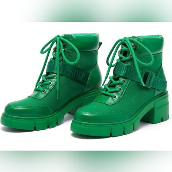 Green Chunky Lug Sole Combat Boots Shoes, Mixed Texture Design Women's 6.5, New - Picture 11 of 16